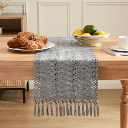 Macrame Style Boho Table Runner, 12x60 Inch Grey | Woven Boho Table Runner - Image 2