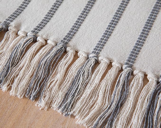 Caflife Boho Table Runner 72 Inchs Long Grey and Beige, Cotton and Linen Woven - Image 6