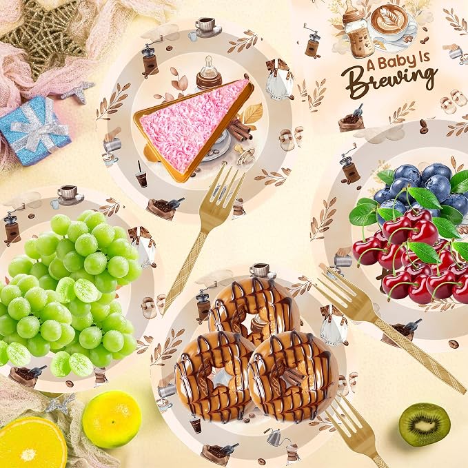 96 Pcs A Baby Is Brewing Baby Shower Decorations, Gender Reveal Tableware Set - Image 5