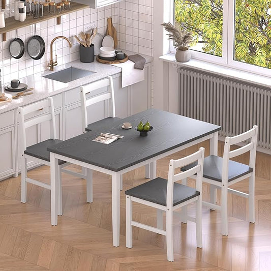 5 Piece Dining Table Set, Solid Wood Dining Table Set for 4, Farmhouse Table and 4 Chairs Set, 43.3'' Rectangular Kitchen Table Set for 4, Grey & White