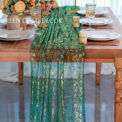 Snowkingdom Green Gold Gauze Table Runner 10FT 120 Inch Long, Glitter Sheer - Image 4