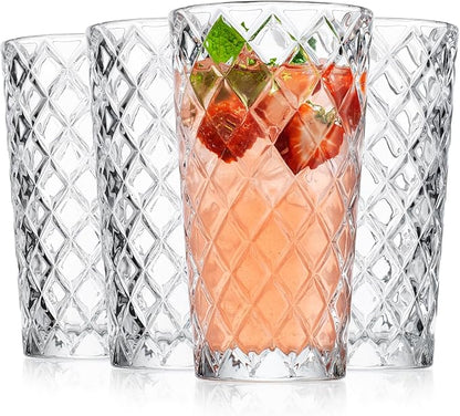 Glaver's Drinking Glasses Set of 4. Tall Highball Glasses. 14oz. Textured Diamond Cut Elegant Drinking Glass Cups- Kitchen Glassware for Water, Iced Tea, Juice, Cocktail.