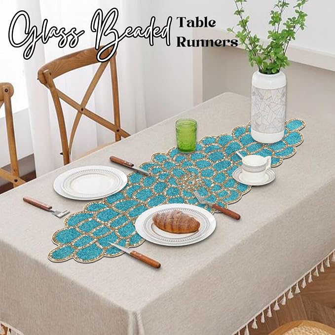 Beaded Table Runner, 13x36 | Handmade floral pattern, 85% glass beads, - Image 2