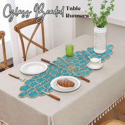Beaded Table Runner, 13x36 | Handmade floral pattern, 85% glass beads, - Image 2