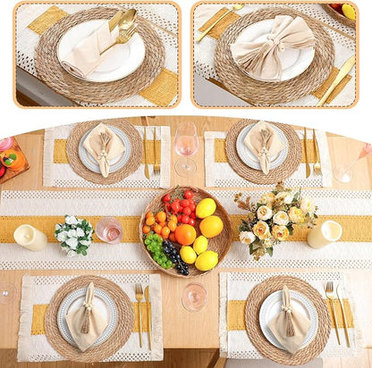 6 Sets Boho Decoration Placemats Round Woven Placemats, Cloth Napkins, Wood - Image 5