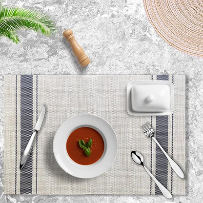 Placemats Set of 4 Vinyl Washable Blue Placemats, 18"x12" Wipeable Heat-Resistant Non-Slip Easy Clean Table Mats Ideal for Dining Table Table Runner and Outdoor (4, Blue Wide Stripe)