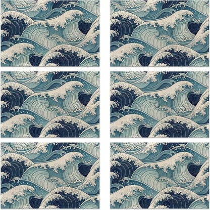 Table Placemats Set of 6, Waterproof Linen Fabric, Non-Slip Backing & Easy Clean, Elegant Dining Table Protectors for Family and Guests(Japanese Waves)