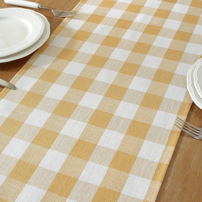 Laolitou Yellow Checkered Table Runner, Cotton Linen Gingham Table Runners - Image 3