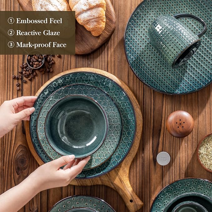 MALACASA 16 Pieces Dinnerware Sets, Farmhouse Plates and Bowls Sets, Embossed - Image 8