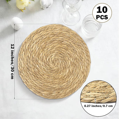 Elcoho 10 Pieces Round Woven Placemats 12 Inch Boho Rattan Placemats Farmhouse Braided Place Mats Woven Plate Chargers Rustic Wicker Table Mats for Dining Table