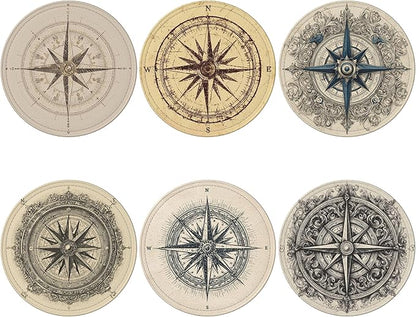 Compass Coasters Leather Round Drink Coasters 6 Pcs Set with Holderor for Cup Drink Coffee Table Bar Home Decor
