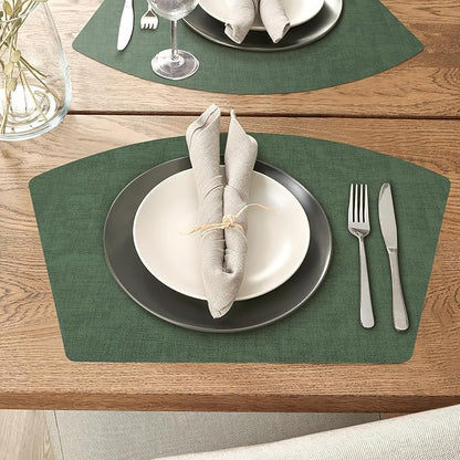 Round Table Placemats Set of 6, Faux Leather Wedge Shape Place Mats Heat Resistant Wipeable Washable Table Mats for Dining Outdoor Indoor, Green