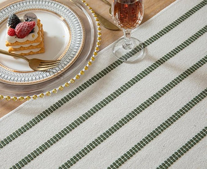 Caflife Boho Table Runner 72 Inchs Long Green and Beige, Cotton and Linen Woven - Image 4