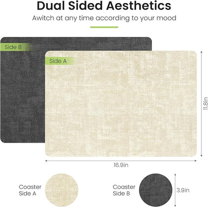 Placemats Set of 6, Faux Leather Heat Resistant Wipeable Placemats, Dual Sided Waterproof Washable Table Mats with Coaster, Suitable for Kitchen, Dining, Table Decor (6, Black Beige)