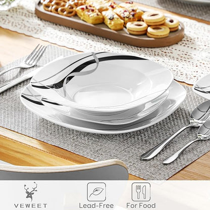 VEWEET, Series Fiona, 30-Piece Dinnerware Sets for 6, White Dishes Set with Black and Gray Stripes, Porcelain Dinner Set Including Dessert Plates, Soup Plates, Dinner Plates, Cups & Saucers