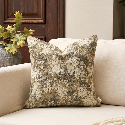 Yangest Neutral Floral Pillow Cover 24 x 24 Inches, Vintage Chenille Square Throw Pillow Cover Soft Decorative Farmhouse Accent Couch Pillow Cover for Living Room Bedroom, Beige
