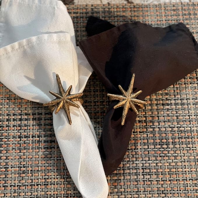 Set of 6 Mid-Century Starburst Napkin Rings, Antique Gold Cast Iron | Each 2.75 - Image 4
