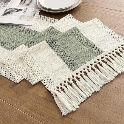 EMMTEEY Boho Table Runner with Tassels 36 Inches Long, Sage Green | Handmade by EMMTEEY