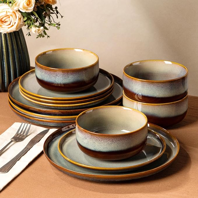 Ceramic Dinnerware Set for 4, 12-Piece Plates and Bowls Set | Handmade Reactive by TheTerra