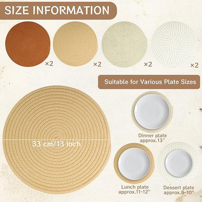 Kochorie Set of 8 Round Woven Cotton Placemats, 13 Inch Boho Table Mats for Kitchen and Dining Table, Farmhouse Heat Resistant Washable Trivets, Fall Thanksgiving Christmas Décor (Mixed Brown)