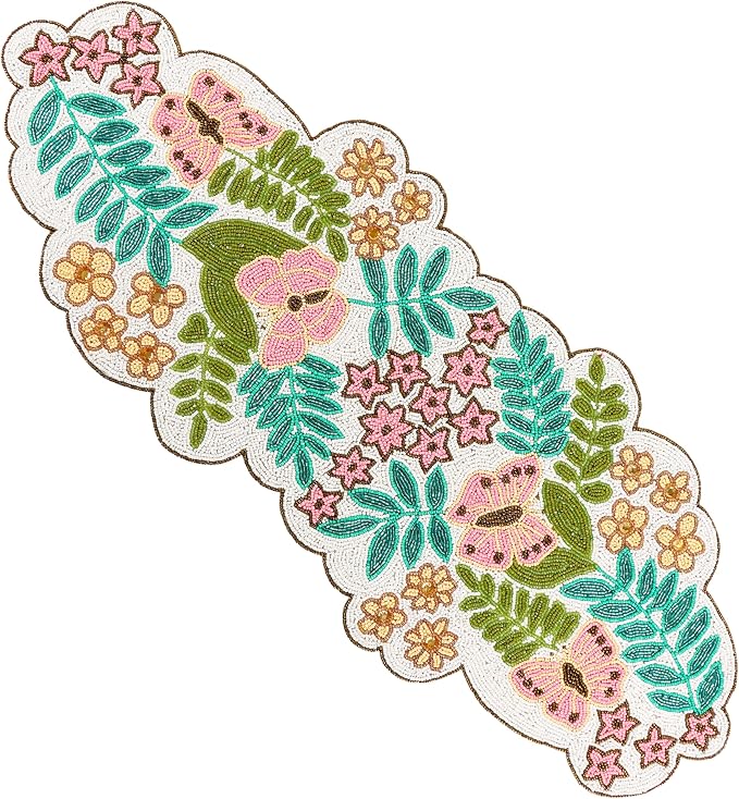 Spring Floral Beaded Table Runner, 13x36 | Glass beads, polyester backing by CLEENTABLE