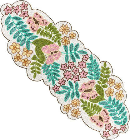 Spring Floral Beaded Table Runner, 13x36 | Glass beads, polyester backing by CLEENTABLE