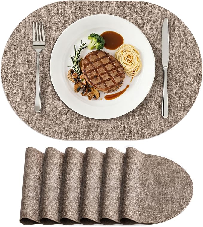Placemats Set of 6, 11.8 x 17 Inch, Light Brown | Heat Resistant Oval Faux by homing