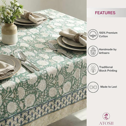 ATOSII Jade 100% Cotton Rectangle Boho Fall Tablecloth, Handblock Floral Table Cloth Linen for Kitchen Dining I Parties Wedding Outdoors Christmas Thanksgiving I 72 X 140 Inches I 12 Seater