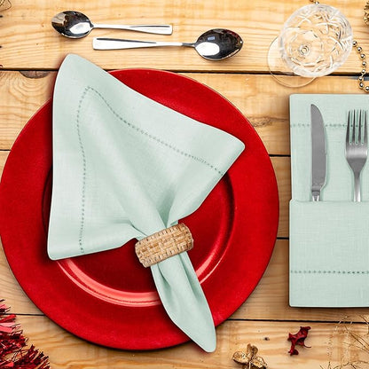 BEDDING CRAFT Set of 4 Hemstitch Pastle Blue Cloth Dinner Napkins 100% Linen - Soft Durable Washable -Ideal for Events Wedding Christmas Thanksgiving Newyear-Perfect Everyday Use Table Linen 18x18.