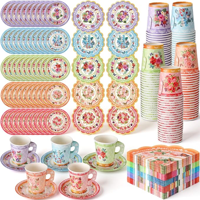 Nuogo 300 Pcs Vintage Floral Disposable Tea Party Set by Nuogo