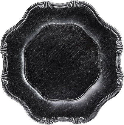 Black Charger Plates Set of 6, Decorative Table Plastic Chargers for Dinner Plates, Party, Wedding, Thanksgiving, Christmas, 22B