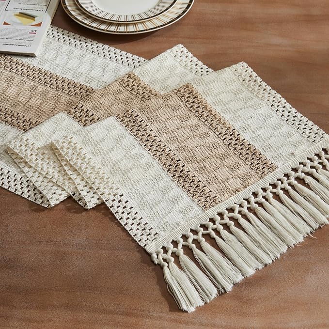 Macrame Style Bicolor Stitching Table Runner 14x90in Taupe | Woven Boho Table by ZEEMARTONLINE