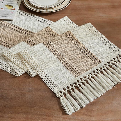 Macrame Style Bicolor Stitching Table Runner 14x48in Taupe | Woven Boho Table by ZEEMARTONLINE