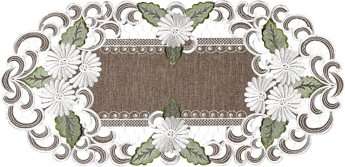 LINENS ART AND THINGS Table Runner Embroidered Pearlescent Daisy Flowers by LinensArtandThings