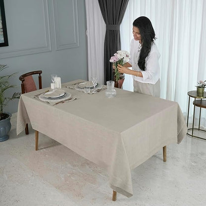 D'Moksha Homes Natural Linen Tablecloth 60 x 156 Inch - 100% Pure Linen Natural Tablecloth for Rectangle Tables - Classic Hemstitch, Machine Washable Table Cloth for Valentines, Spring, Easter
