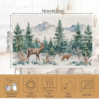 6 Pcs Placemats,Forest Mountain Placemats,Deer Trees Table Mats Washable Recyclable Table Placemat for Indoor Outdoor Heat Resistant Kitchen Dining 12"x18"