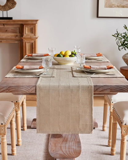 Linen Checked Farmhouse Table Runner, 13x60 Inches Taupe | Raised Grid Design - Image 2