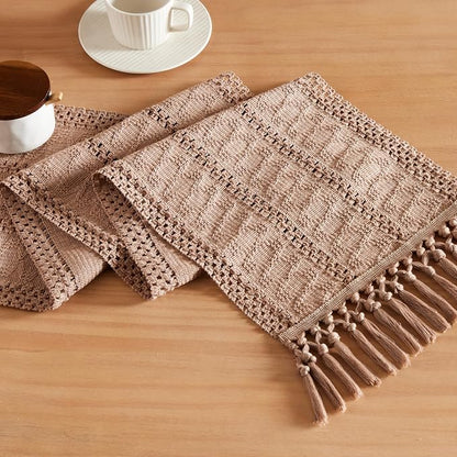 Macrame Style Boho Table Runner, 12x36 Inch Taupe | Woven Boho Table Runner by ZEEMARTONLINE