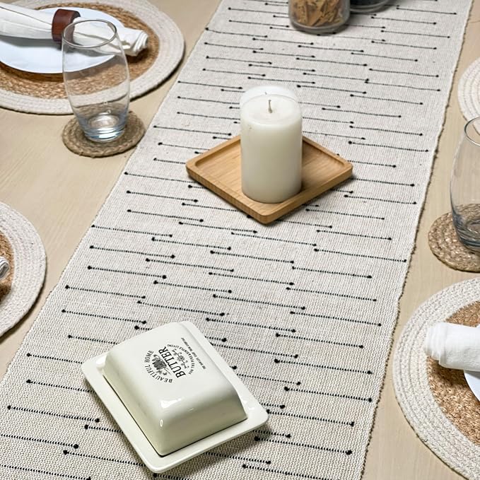 Woven Jute with Ivory/Black Handcrafted Details Decorative Table Runner - Image 5