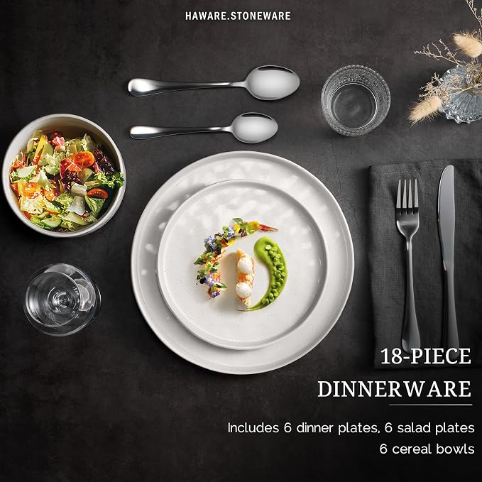 HaWare Dinnerware Sets, 18-Piece Plates and Bowls Set, Speckled White | - Image 3