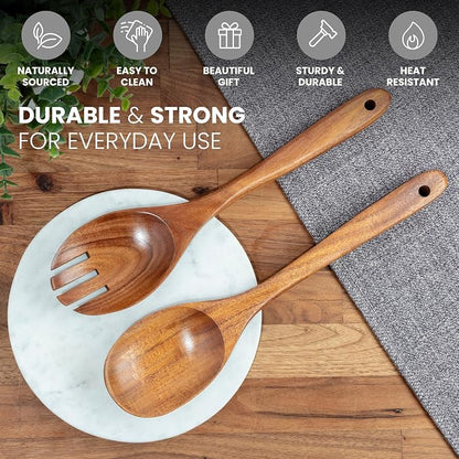 Zulay Kitchen Teak Wood Utensil Set – 2 Piece Large Wooden Salad Serving Spoon - Image 3