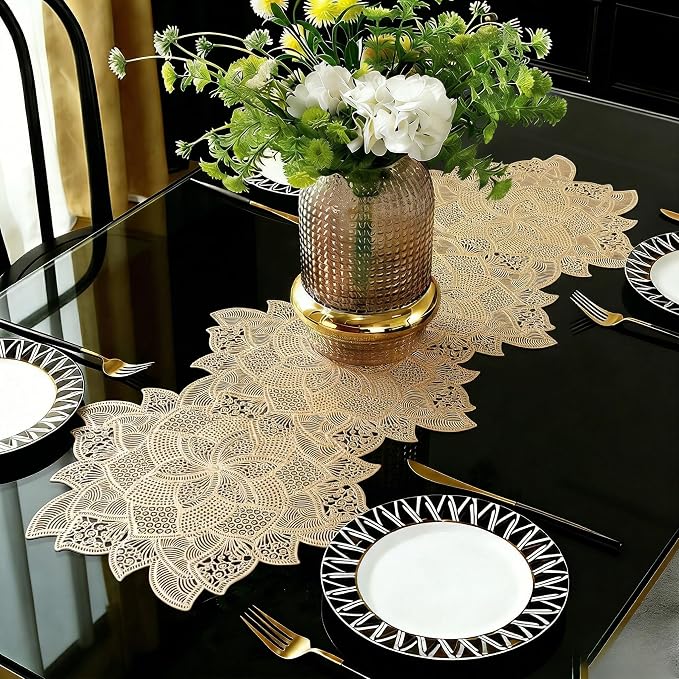 FAVE Gold Table Runners 36 Inches Flower Shaped Short Table Runner | Washable by FAVE