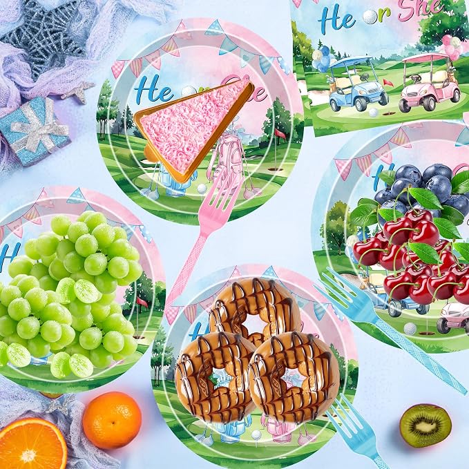 96 Pcs Golf Gender Reveal Decorations, He or She Tableware Set | Golf Cart Theme - Image 5