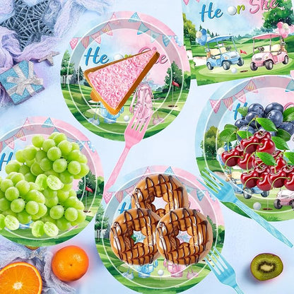 96 Pcs Golf Gender Reveal Decorations, He or She Tableware Set | Golf Cart Theme - Image 5