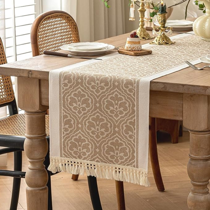 Coffee Scroll Linen Table Runner by UWWGKK