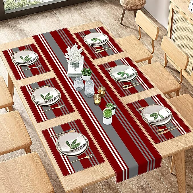 Table Runner and Placemats Set of 6, Abstract Vintage | Stripes Burgundy by ArtSocket