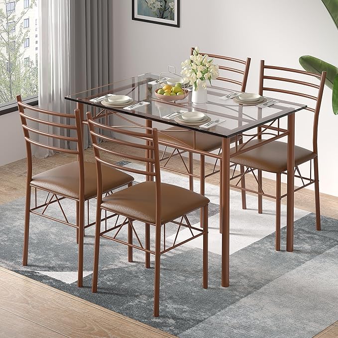 VECELO Dining Table Set for 4, 5-Piece Glass Kitchen Table with Upholstered Padded Chairs for Small Space, Breakfast Nook, Space-Saving, Vintage Brown