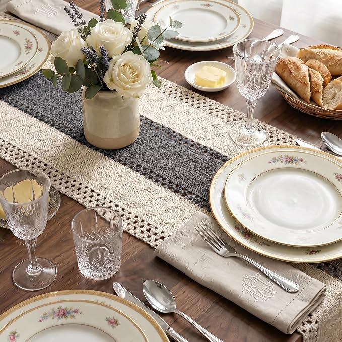 Boho Macrame Table Runner with Tassels 72in Grey Farmhouse Runner | Macrame - Image 5