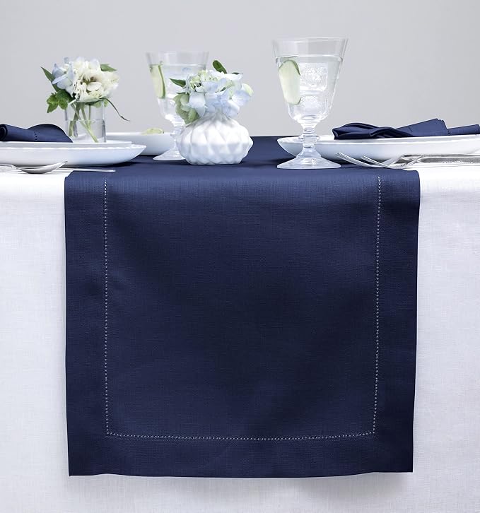 Solino Home 100% Pure Linen Table Runner Navy, Classic Hemstitch 14 x 90 in | by SolinoHome