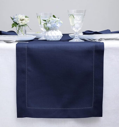 Solino Home 100% Pure Linen Dining Table Runner Navy Hemstitch, 14 x 132 in | by SolinoHome